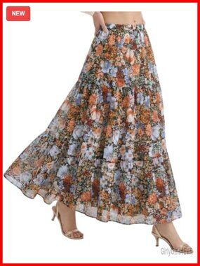 Chiffon Maxi Skirt High Waisted Pleated A-Line Flowy Boho Long with Lining